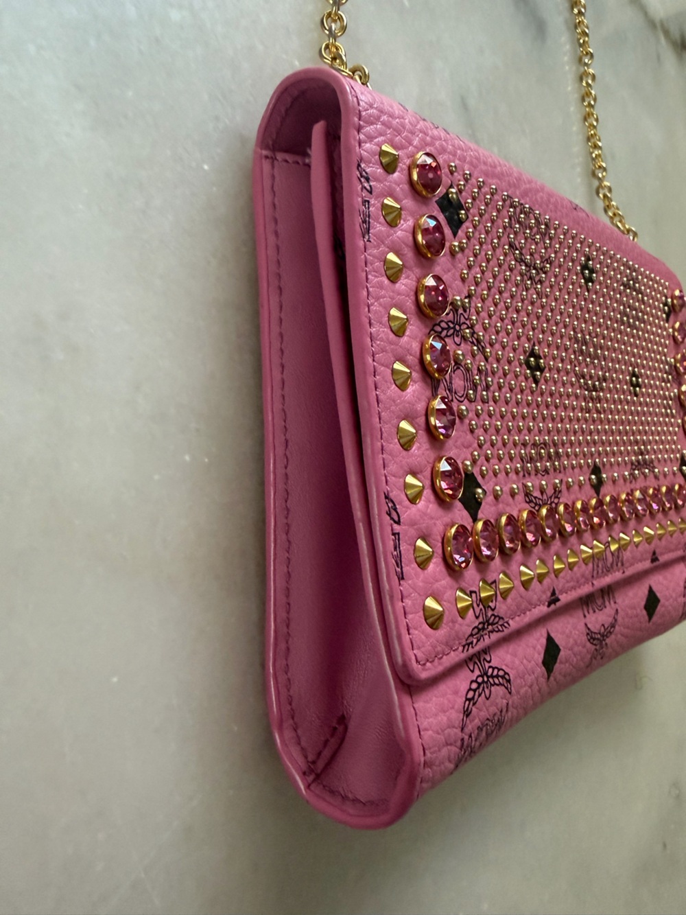MCM Pink Rhinestone & Gold-Studded Leather Chain Crossbody WOC - Picture 5 of 13